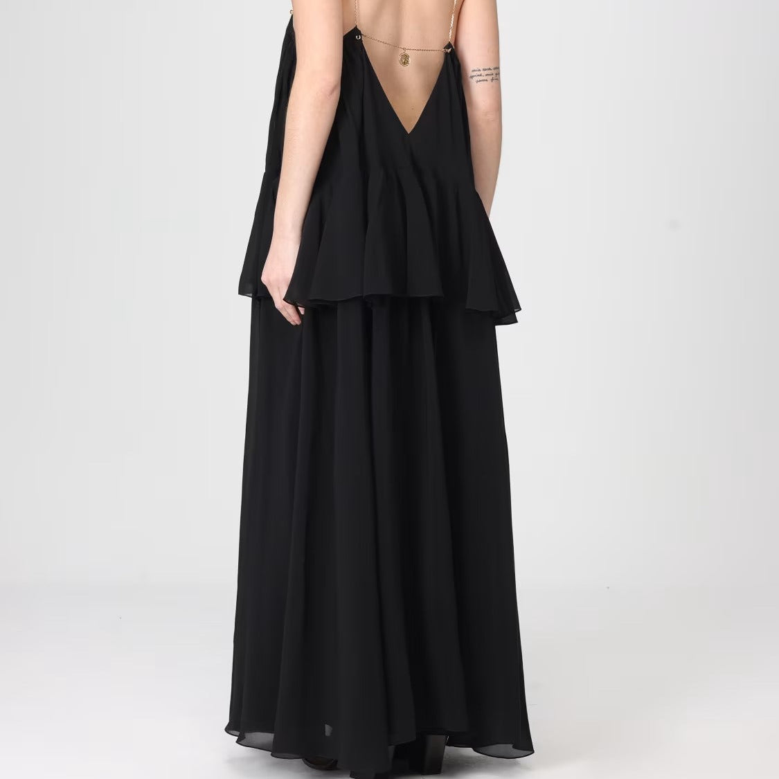 Black open back floor length dress