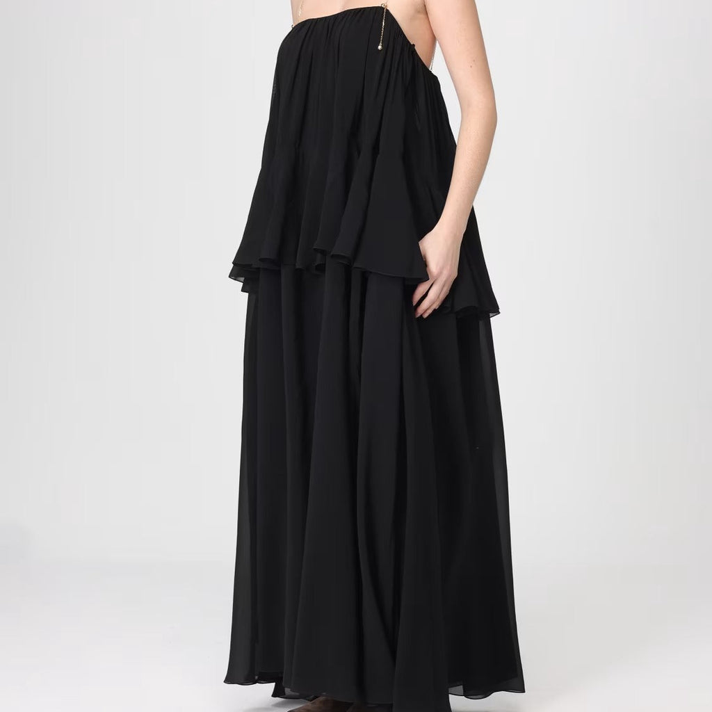 Black open back floor length dress