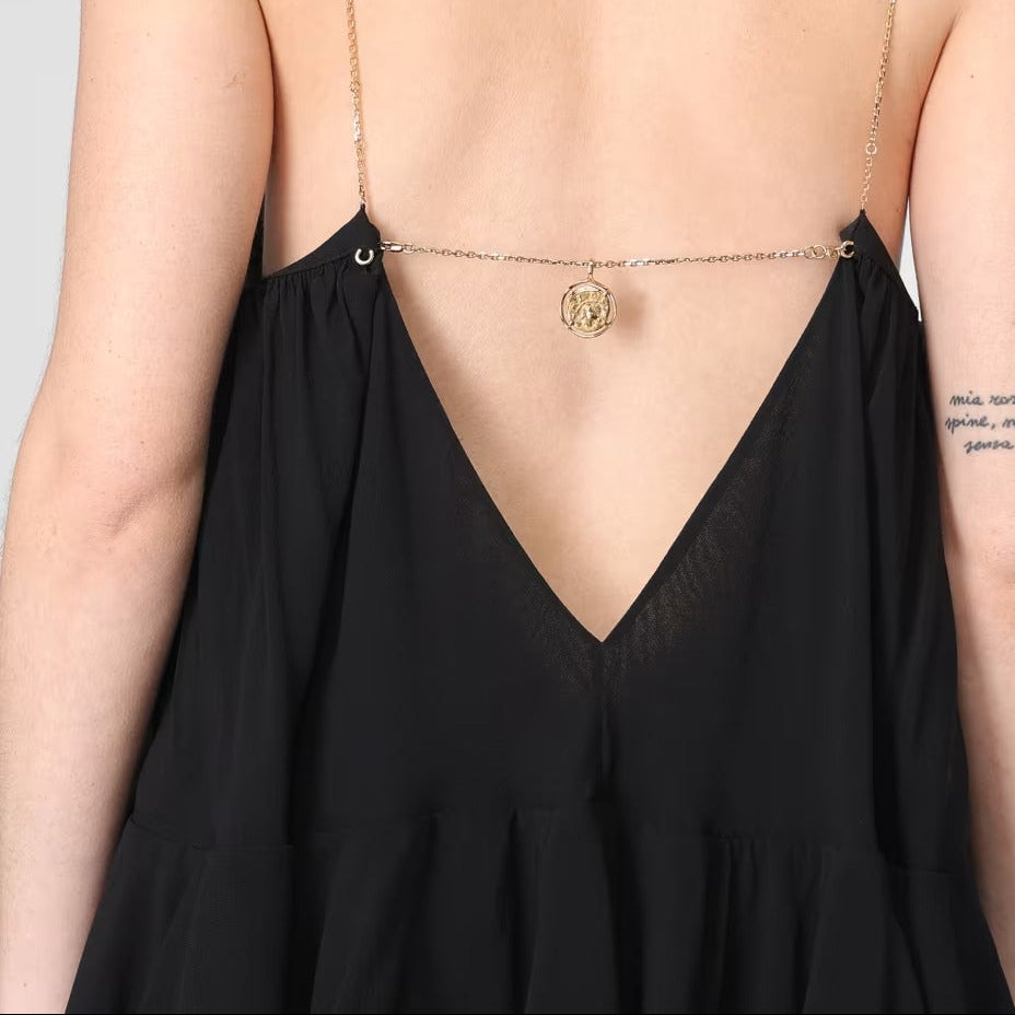 Black open back floor length dress