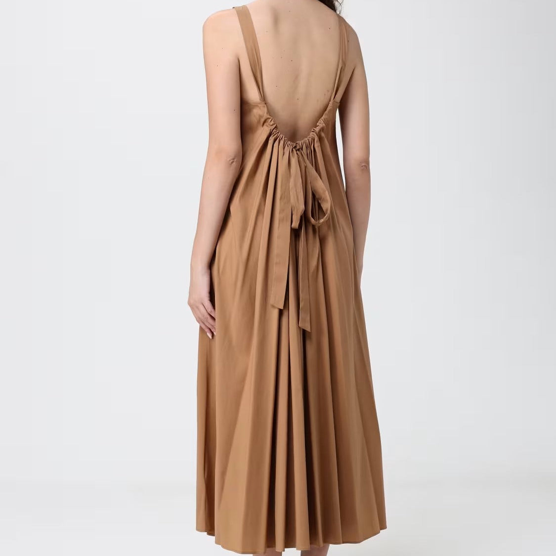 Brown sleeveless open back drape maxi dress