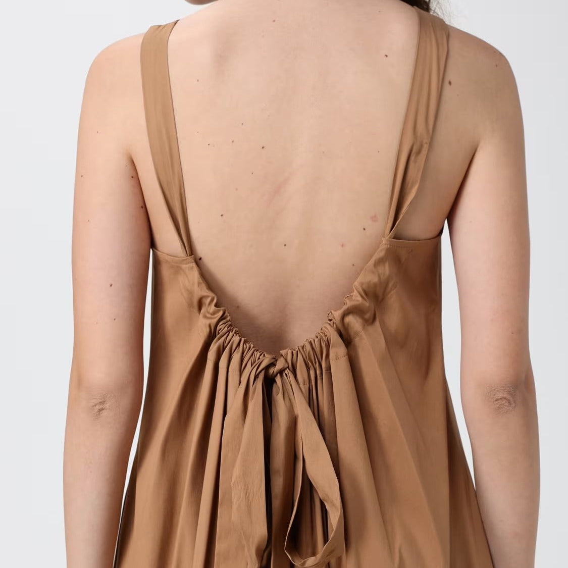 Brown sleeveless open back drape maxi dress