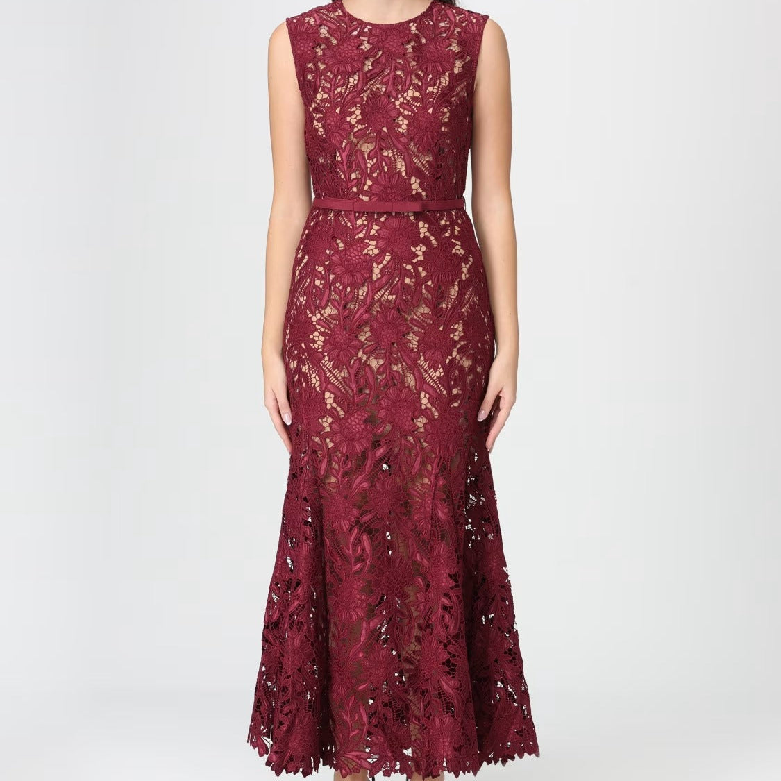 Burgundy printed sleeveless maxi dress