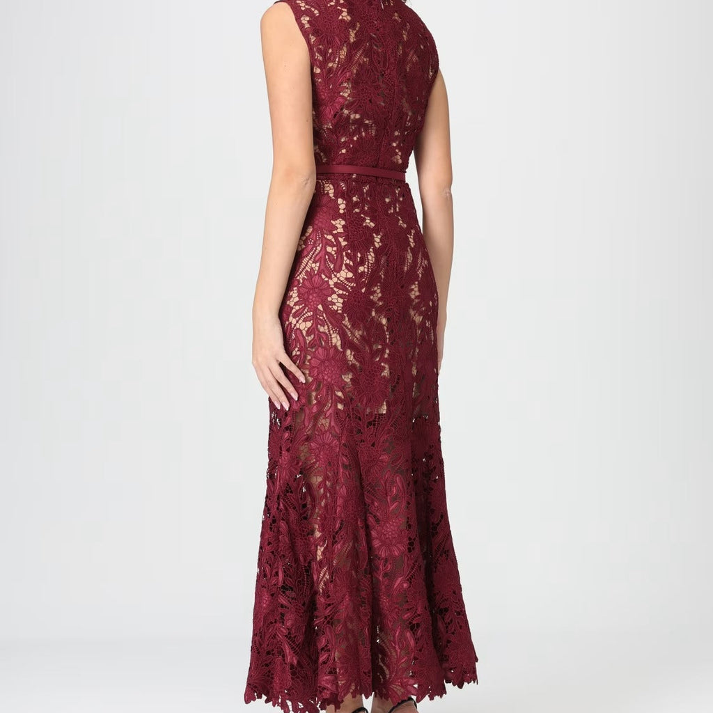 Burgundy printed sleeveless maxi dress