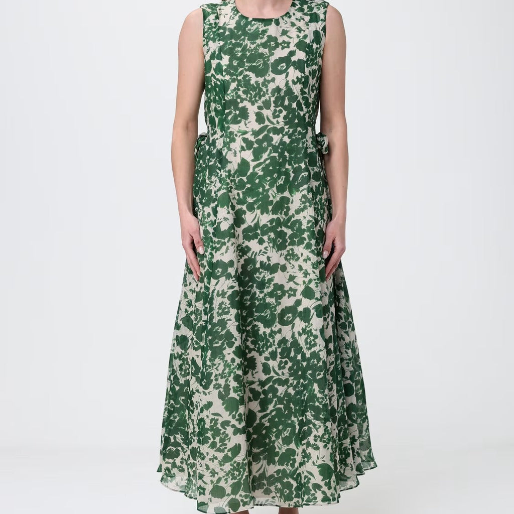 Green printed V neck sleeveless maxi dress