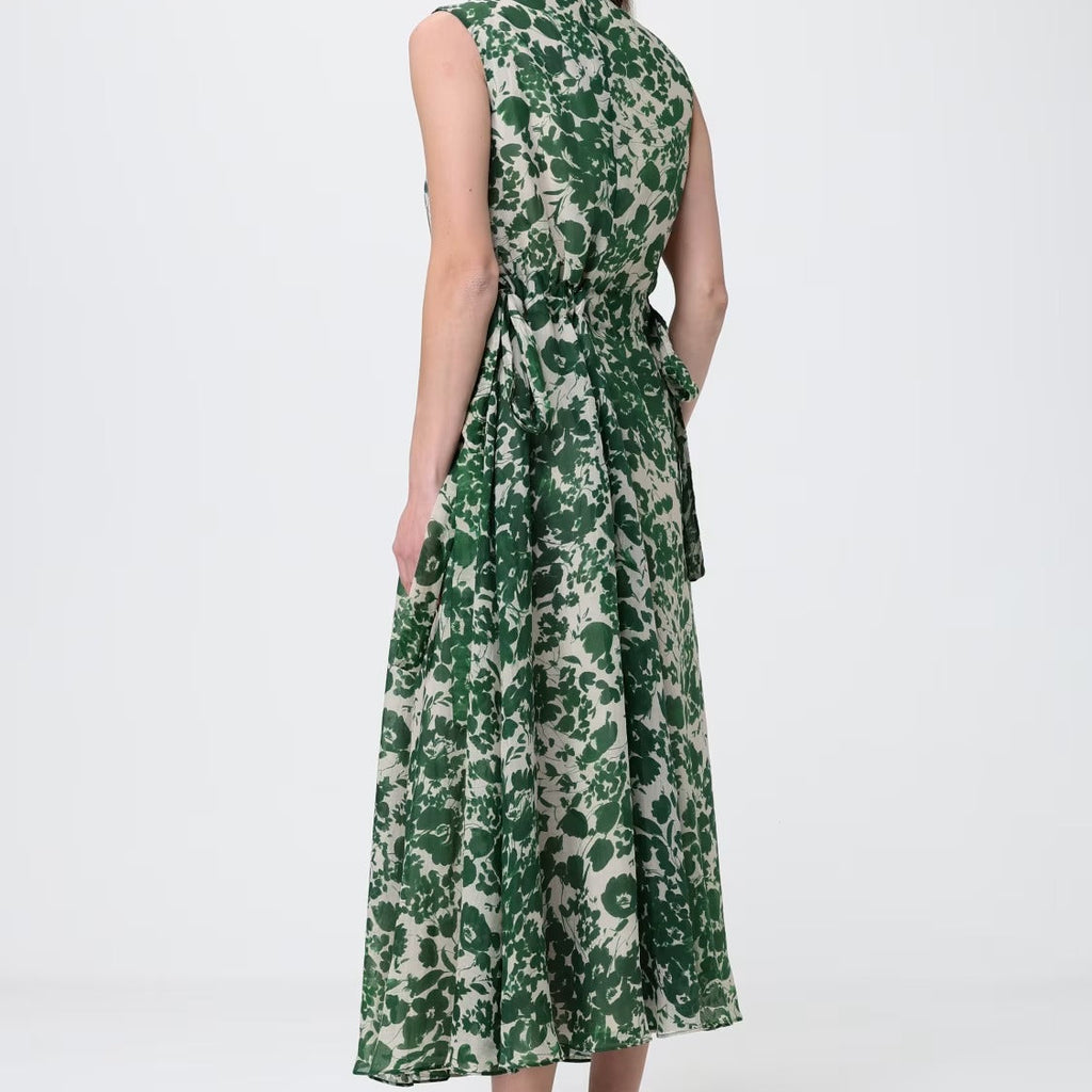 Green printed V neck sleeveless maxi dress