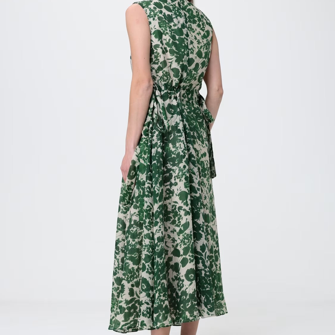Green printed V neck sleeveless maxi dress