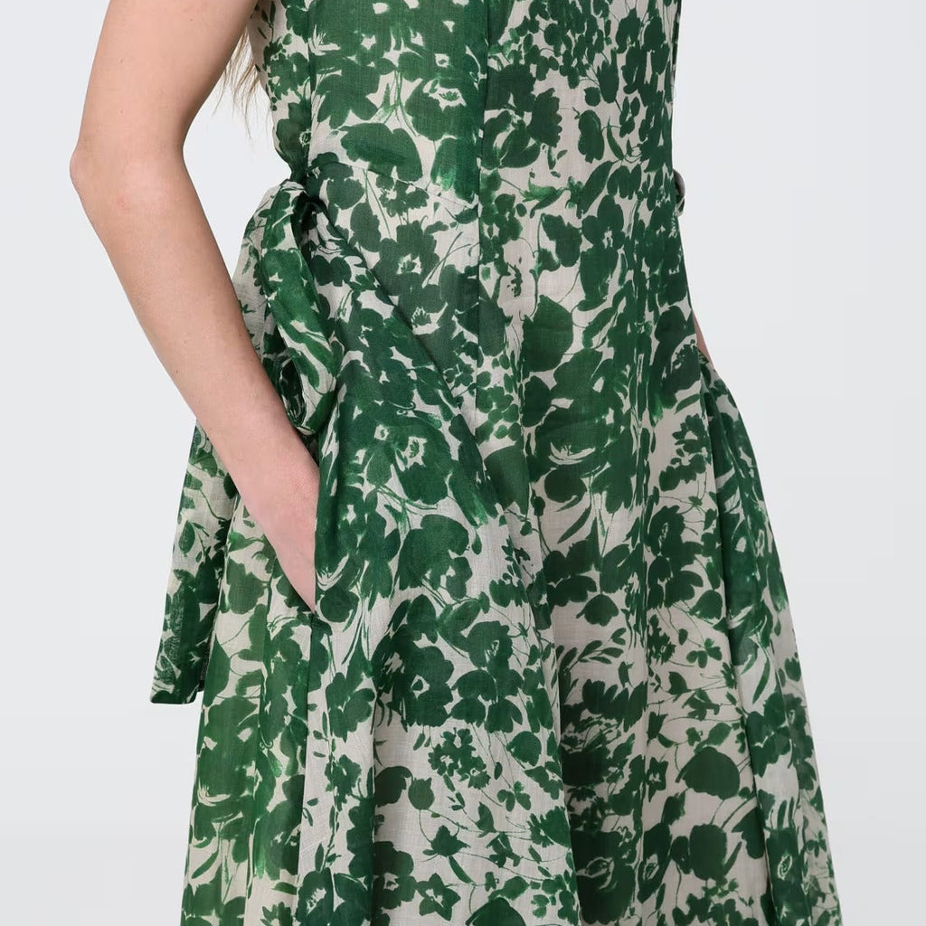 Green printed V neck sleeveless maxi dress
