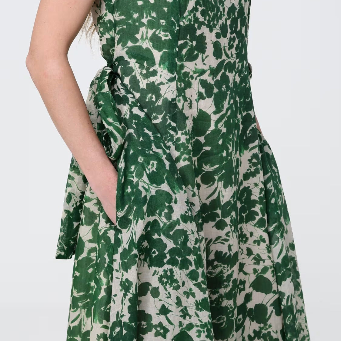 Green printed V neck sleeveless maxi dress