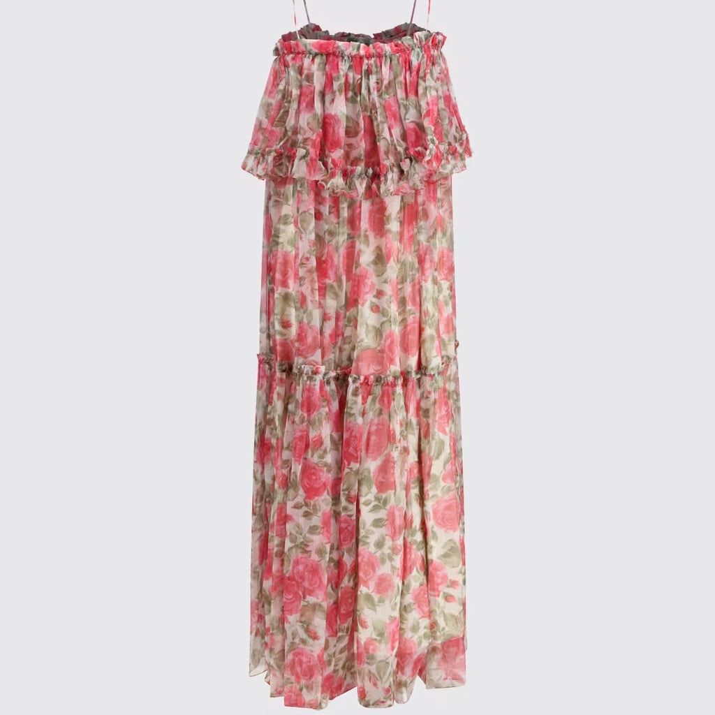 Pink floral print spaghetti strap maxi dress