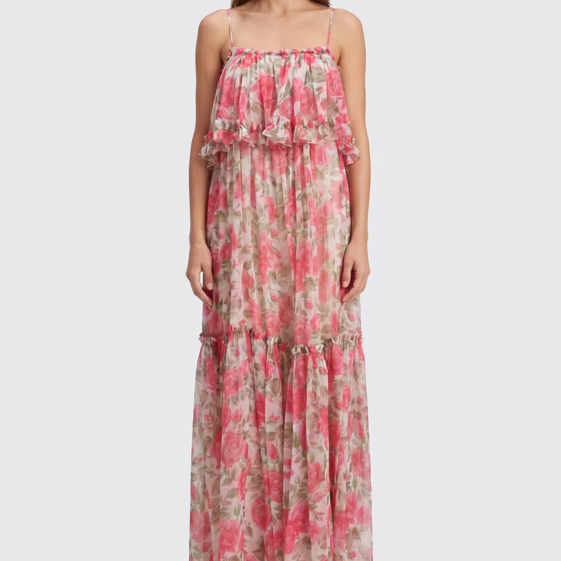 Pink floral print spaghetti strap maxi dress