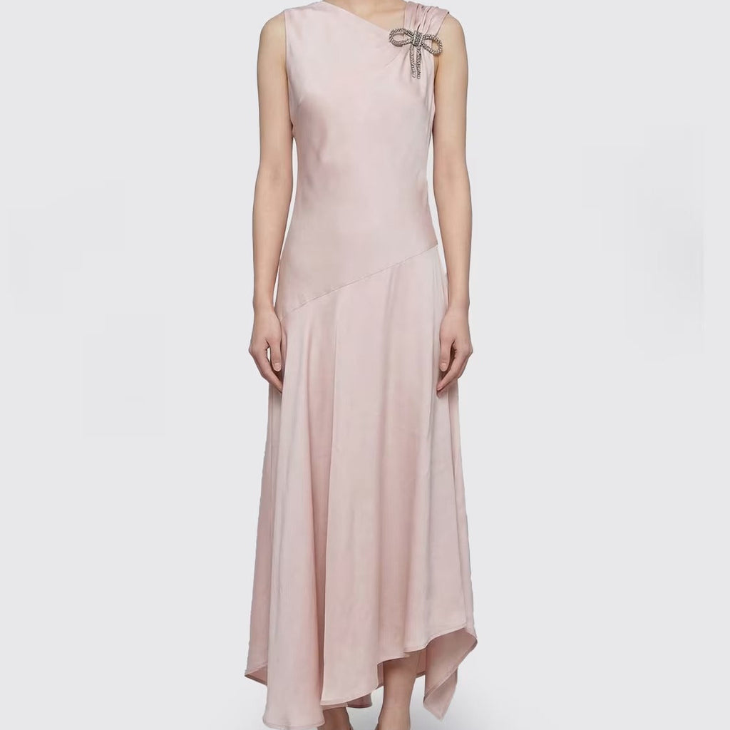 Sleeveless V neck open back asymmetric midi dress