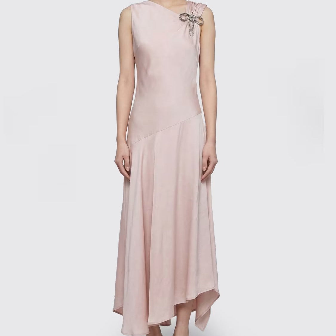 Sleeveless V neck open back asymmetric midi dress