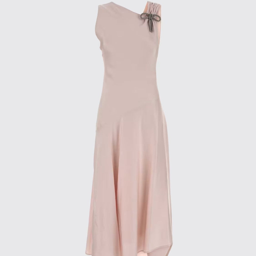 Sleeveless V neck open back asymmetric midi dress