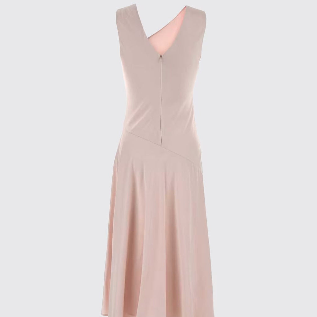 Sleeveless V neck open back asymmetric midi dress