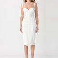 White sleeveless knee length sheath dress