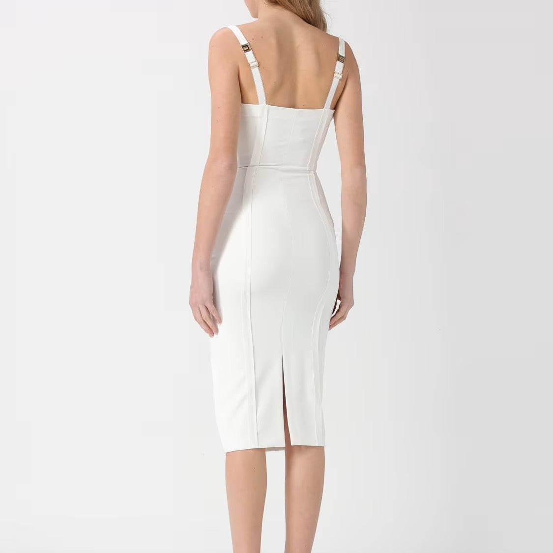 White sleeveless knee length sheath dress
